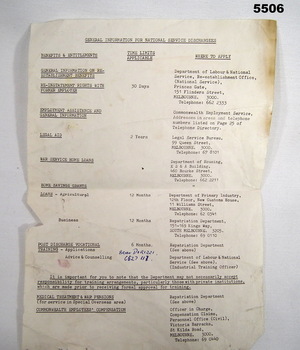 Typed sheet titled GENERAL INFORMATION FOR NATIONAL SERVICE DISCHARGE.