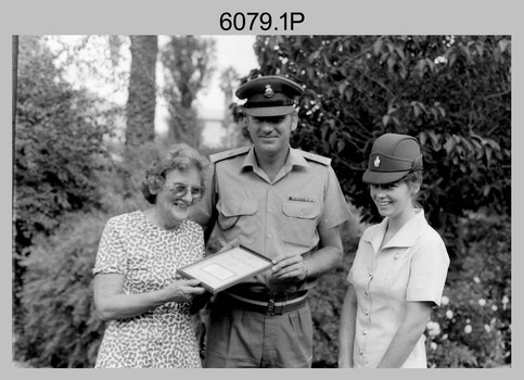 Presentation to Charity Organisation at the Army Survey Regiment, Fortuna Villa, Bendigo. c1982.