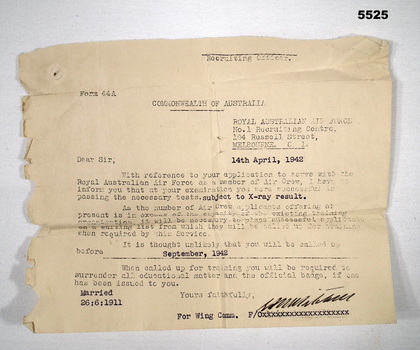 Reply to application to join RAAF Aircrew