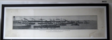 Framed panoramic poster of a shopping scene.