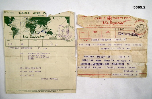 Two telegrams to home from Ronald Morell.