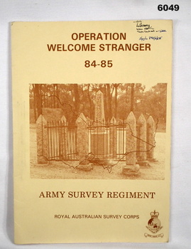 An A4 Booklet, Sepia cover, brown text, Survey Corps Badge, photo of "Welcome Stranger Monument"