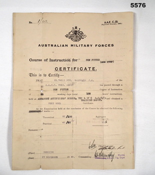 Army Trade Certificate for Gun Fitter Course.