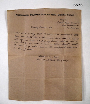 Temporary Army Driving licence.