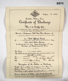 WW2 Discharge Certificate for J.A. McDonald.