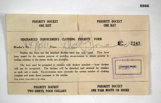 Docket for demobilisation suit and hat.