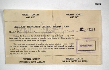 Docket for demobilisation suit and hat.