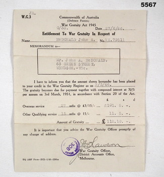 Commonwealth of Australia, Wat Gratuity Act 1945 Entitlement.