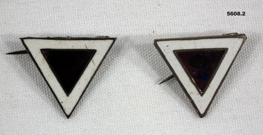 Pair of triangle shaped metal and enamel unit badges representing the 1st Australian Armoured Car Section.