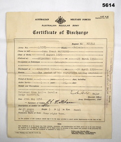 Certificate of discharge Australian Army 