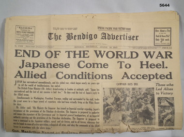 Bendigo Advertiser newspaper August 16, 1945 