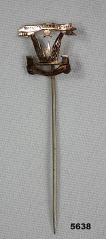 Gold coloured metal badge on a stick pin.