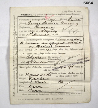 British Army Discharge Certificate WW1.