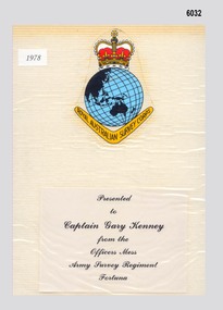 Image scan of the cover of a Photo Album presented to Capt GW Kenney by members of the ASR Officers Mess on leaving Fortuna 1978