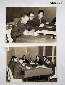 Two photos of a signing ceremony.