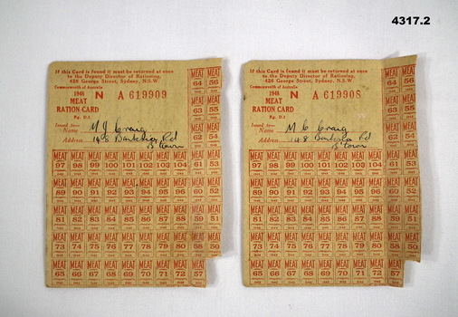 Two meat ration tickets issued in 1948.