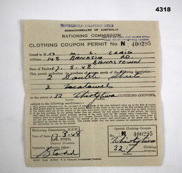 Clothing coupon receipt issued in 1948.