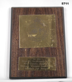 Vietnam Veteran Association 'Thank You' Plaque.