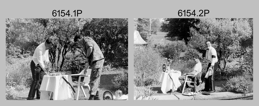 Silver Service Morning Tea in the garden by the Roman fountain, Fortuna, Bendigo. 1991.