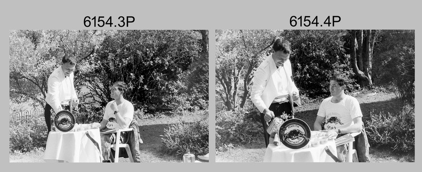 Silver Service Morning Tea in the garden by the Roman fountain, Fortuna, Bendigo. 1991.