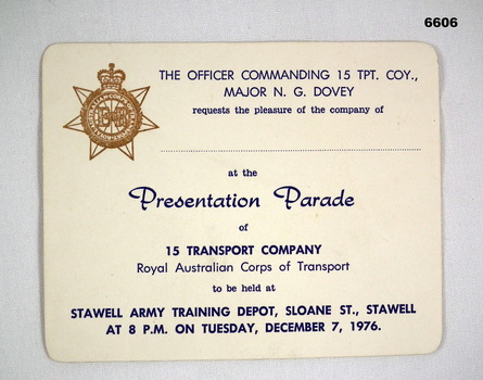 Invitation card to Presentation Parade.
