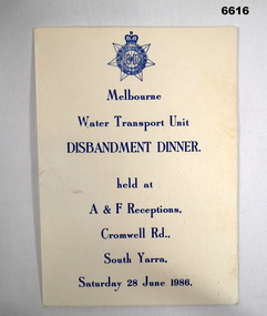 Programme - MENU, WATER TRANSPORT UNIT, DISBANDMENT DINNER