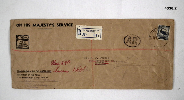 Envelope for a discharge certificate.