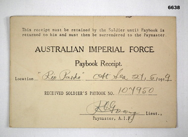 Paybook Receipt Book for WW1.