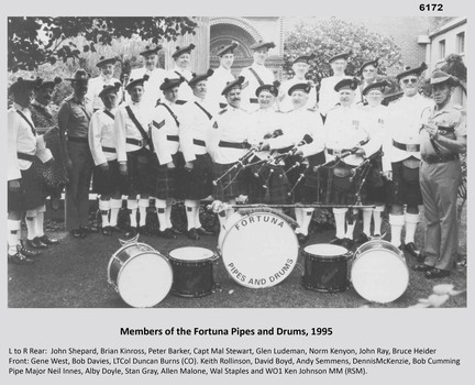 A photograph showing members of the Fortuna Pipes and Drums Band
