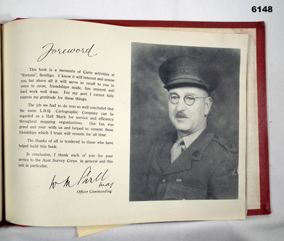 Hard covered souvenir booklet of LHQ Carto Coy 1942-45, the Foreword is shown.