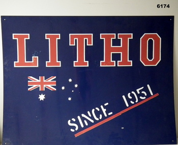Metal sign containing "LITHO SINCE 1951"