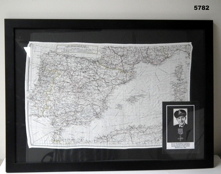 Silk map framed showing Spain, France, North Africa.