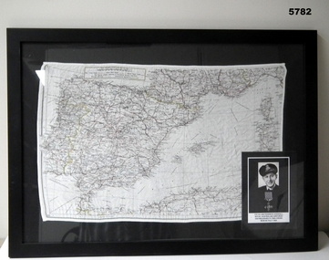 Silk map framed showing Spain, France, North Africa.
