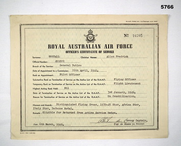 Certificate of service for an RAAF Air Gunner.