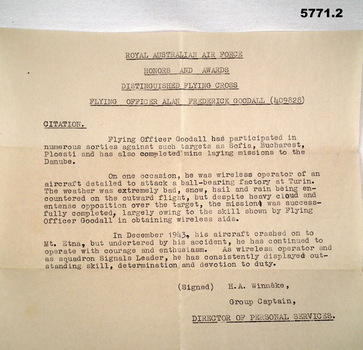 Certificate re the award of the DFC