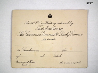 Luncheon invitation from The Govenor General and Lady Gowrie.