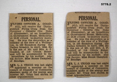 Two newspaper articles re the award of the DFC.