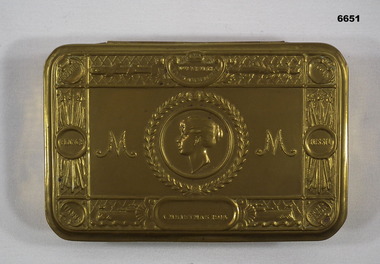 Embossed Christmas gift tin.