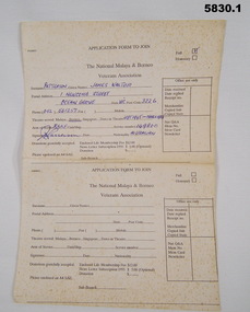 Application Form for the National Malaya & Borneo Veterans Association.