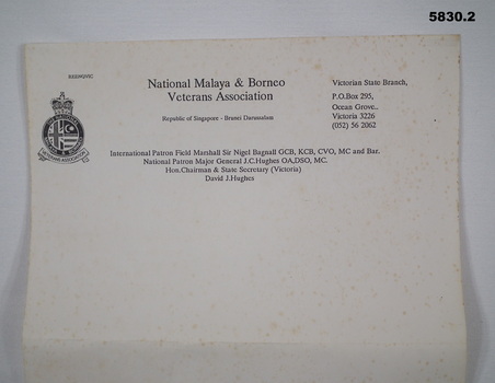 Application Form for the National Malaya & Borneo Veterans Association.