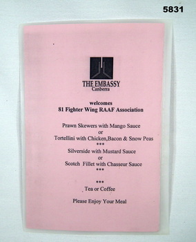 Menu for a RAAF Association function.