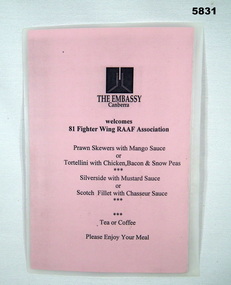 Menu for a RAAF Association function.