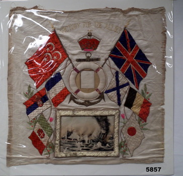 Souvenir banner for WW1 featuring flags of allied nations.