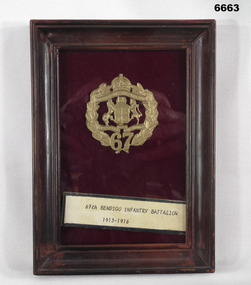 67 Battalion Framed Badge.