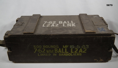 Wooden box for 7.62mm SLR ammunition.