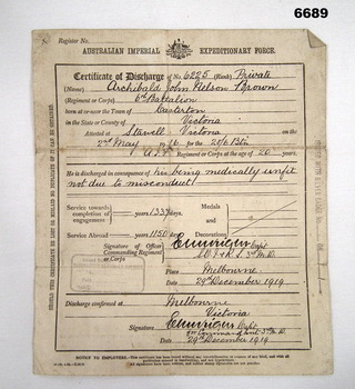 Certificate of Discharge Archibald John Nelson Brown.