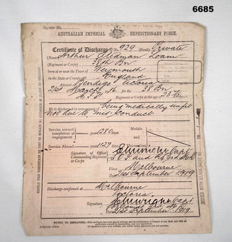 Certificate of Discharge Arthur Stedman Loam.