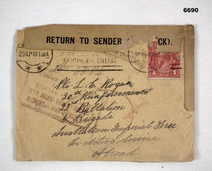 Unopened envelope addressed to Pte L. C. Rogan.