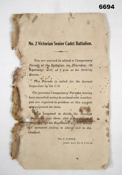 Document to No.2 Senior Cadet Battalion.