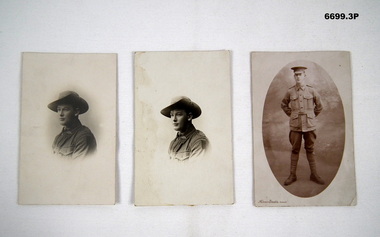 Three photographs of a soldier on postcards.